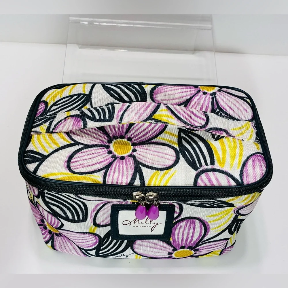 Milly for Clinique Floral Pattern Cosmetic Bag Purple Yellow Navy 5”x9”x6”